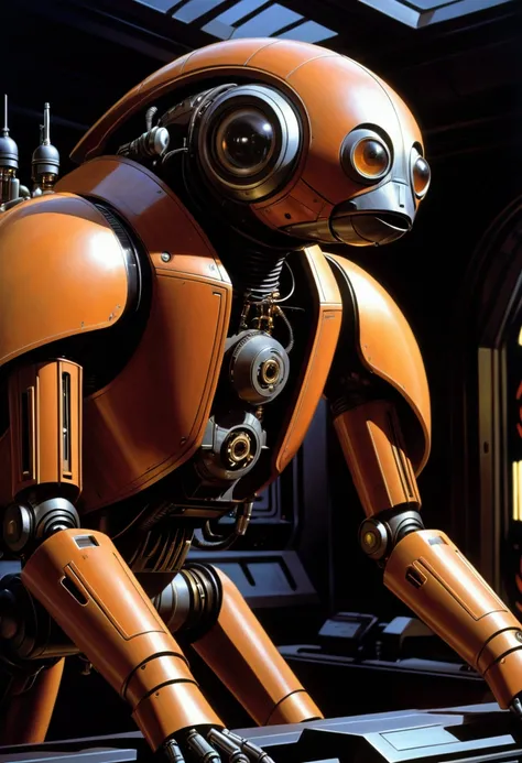 Mechanical Creature, science fiction, by Ralph McQuarrie, cinematic still, chiaroscuro, dynamic, (best quality, masterpiece, photorealistic), very aesthetic, perfect composition, intricate details, ultra-detailed, vivid colors