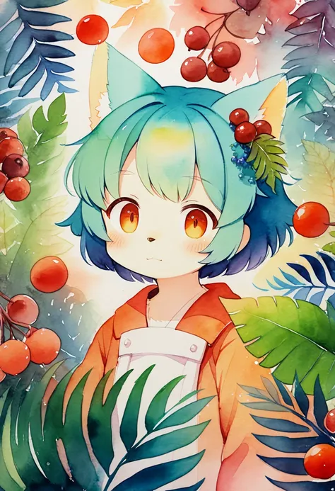 ((super detailed)beautiful flowers, berries, ferns, leaves, watercolor pattern of calming colors)(watercolor texture)(1girl, kemono, furry, short hair, cute)