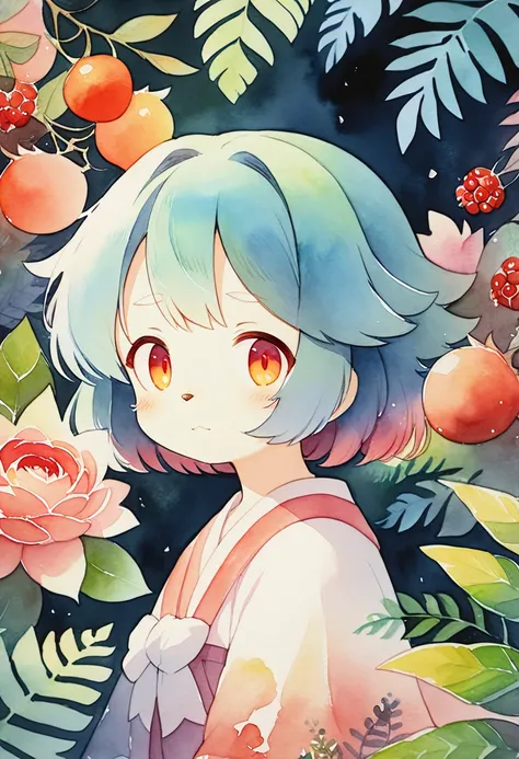 ((super detailed)beautiful flowers, berries, ferns, leaves, watercolor pattern of calming colors)(watercolor texture)(1girl, kemono, furry, short hair, cute)