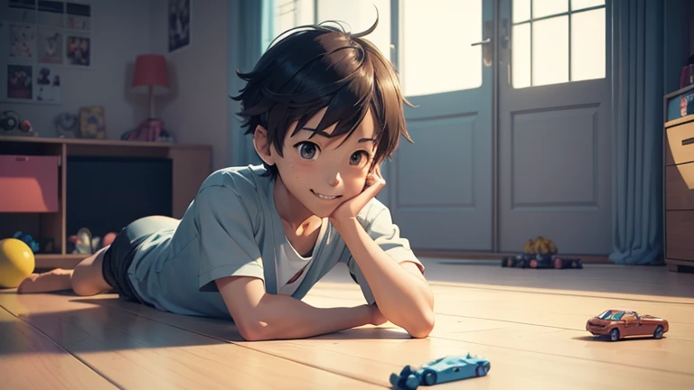  happy and playful , playing with his toys in a room, , an anime drawing inspired by Goro Fujita, pixiv, what is?, concept art of a single guy, 3d realistic anime style., in anime style, in an anime style, Detailed anime character art, digital anime illust...