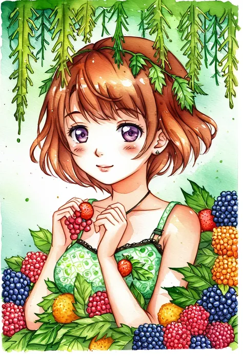 ((super detailed)beautiful flowers, berries, ferns, leaves, watercolor pattern of calming colors)(watercolor texture)(1girl, short hair, cute)