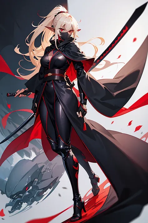 Beautiful images,Detailed Images,Official image,A woman wielding a Japanese sword,Blonde,Red Eyes,Ponytail Hair,Model body type,(Dark Skin:1.3),Elf Ears,Large Breasts,(Black ninja suit,Jet Black Cloak:1.3),