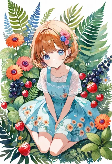 ((super detailed)beautiful flowers, berries, ferns, leaves, watercolor pattern of calming colors)(watercolor texture)(1girl, short hair, cute)