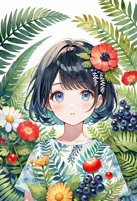 ((super detailed)beautiful flowers, berries, ferns, leaves, watercolor pattern of calming colors)(watercolor texture)(1girl, short hair, cute)