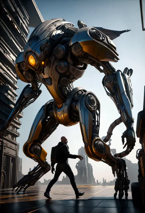 (Mechanical Creature, Mechanical body:1.2), Mechanical Creature on the sky, futurist body, cyberpunk realism, metal skin, futuristic, captivating chiaroscuro, dynamic movement, full body, award-winning, cinematic still, emotional, vignette, dynamic, vivid,...