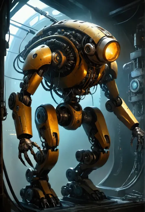 Mechanical Creature, science fiction, by Aleksi Briclot, cinematic still, chiaroscuro, dynamic, (best quality, masterpiece, photorealistic), very aesthetic, perfect composition, intricate details, ultra-detailed, vivid colors