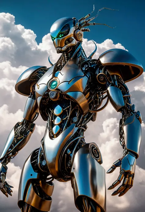 (Mechanical Creature, Mechanical body:1.2), Mechanical Creature on the cloud, futurist body, cyberpunk realism, metal skin, futuristic, captivating chiaroscuro, dynamic movement, full body, award-winning, cinematic still, emotional, vignette, dynamic, vivi...