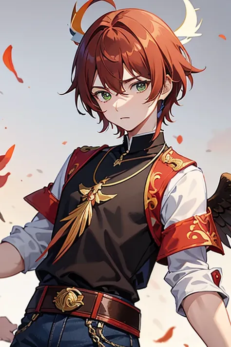 Xiao from Genshin Impact, boy, 18 years old, short reddish brown hair with strands in the bangs, green eyes, open red vest, black t-shirt with golden wings print, necklace with a golden cross, blue jeans, light brown belt, looking straight profile directly...