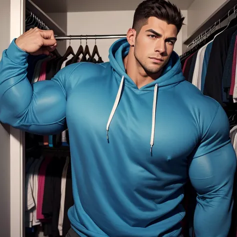 a very handsome young man, massively muscular, with massively big muscles, with massively big biceps, with massively big arms, massively tall, wearing a blue sweatshirt with long sleeves, in a very tight closet, he is so big, muscular and tall that almost ...