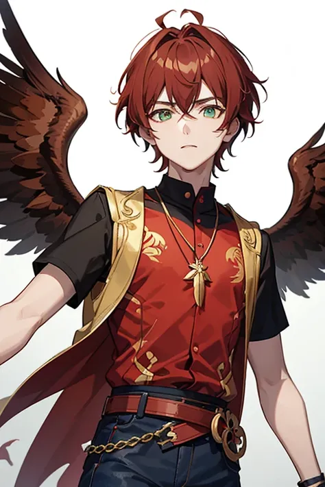 Xiao from Genshin Impact, boy, 18 years old, short reddish brown hair with strands in the bangs, green eyes, open red vest, black t-shirt with golden wings print, necklace with a golden cross, blue jeans, light brown belt, looking straight profile directly...