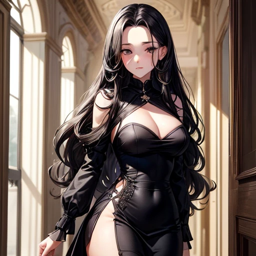 ((best quality)), ((masterpiece)), (detailed), perfect facea  female character ,sexy body,black eyes, long wavy hair   , short black dress ,droopy eyes. Without bangs, her forehead is visible.Her face fell more mature and sexy. background ancient mansion h...