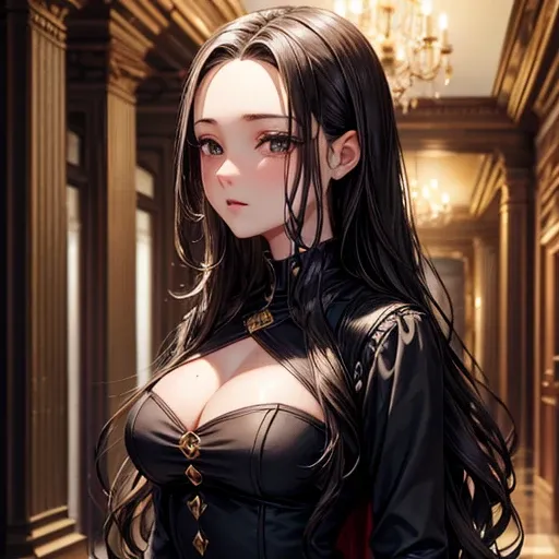 ((best quality)), ((masterpiece)), (detailed), perfect facea  female character ,sexy body,black eyes, long wavy hair   , short black dress ,droopy eyes. Without bangs, her forehead is visible.Her face fell more mature and sexy. background ancient mansion h...