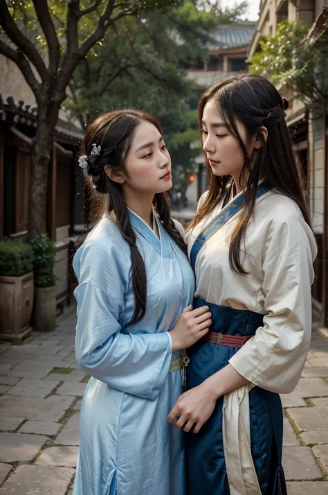 An ancient Chinese man and woman，Snuggle up to each other，Clear face，pretty eyes，Hanfu，（The man is handsome）Romantic atmosphere，The background is in ancient streets，the trees，tmasterpiece，ultra - detailed，Epic composition，Super HD，high qulity，HighestQuali，...