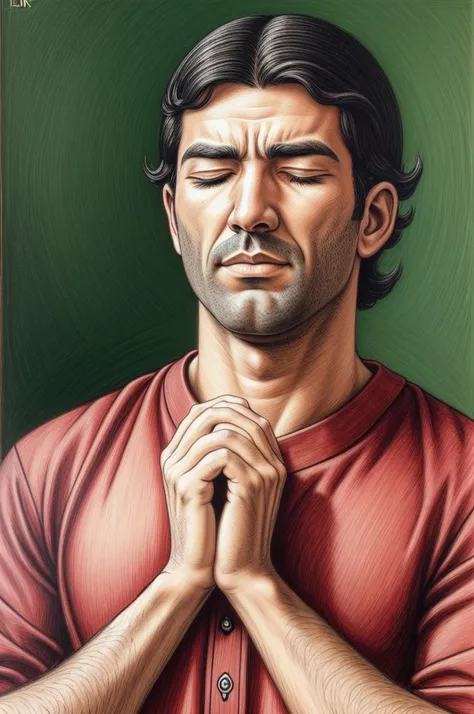 (((Obra-prima))), extremely high quality, incredibly detailed illustration, depicting a  with eyes closed in prayer, emanando tranquilidade e serenidade, his hands are close to his chest and his mouth is perfectly perceived