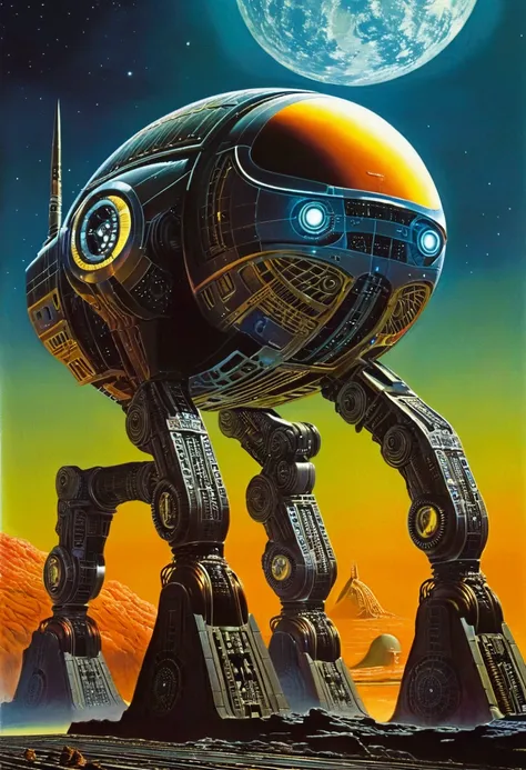 Mechanical Creature, science fiction, by Angus McKie, cinematic still, chiaroscuro, dynamic, (best quality, masterpiece, photorealistic), very aesthetic, perfect composition, intricate details, ultra-detailed, vivid colors