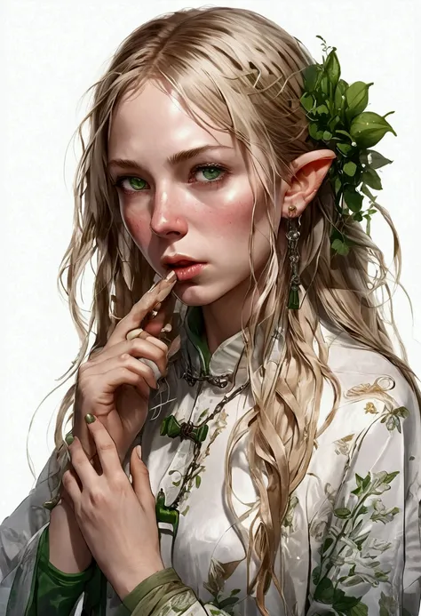 anime. young woman. elf. edge. Pregnant. Infertile pregnancy. edge collar. shackles. Dirty tunic. torn tunic. blonde. long hair. green eyes. beautiful eyes. pointed ears. cold. runny nose. sneeze. sneezes. Snot flows from the nose. Covers nose with hands. ...