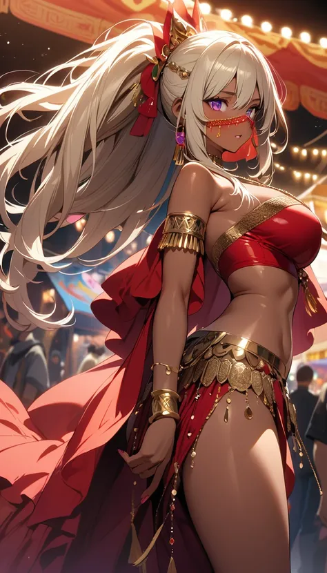 (best quality), (very aesthetic), (ultra-detailed), (best illustration), 1 girl Solo, fine texture, (dark skin1.5), (large breasts1.5), light yellow hair, long hair, ponytail , deep purple eyes, red Dancers costume, gold necklace, golden bracelet, anklet, ...