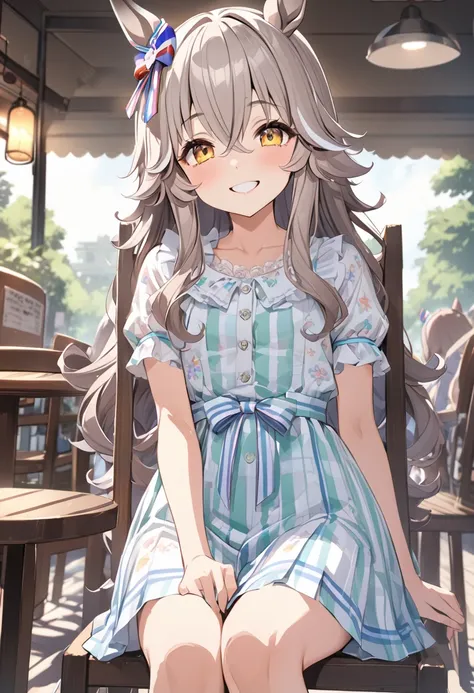 masterpiece、Highest quality、Depicted in detail、Wonder Acute(umamusume)、Summer casual outfit、cafe、Sit on a chair、smile