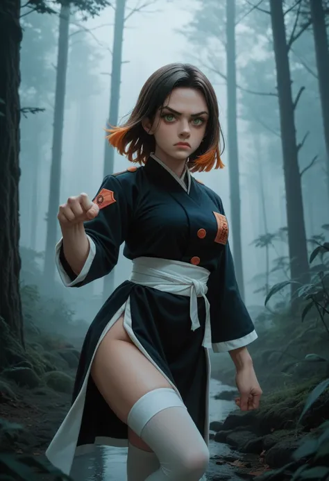 1girl, dark brown hair, 4 orange locks, medium hair, green eyes, demon slayer uniform, white stockings, white haori, medium breasts, Serious expression, cold expression, Alert pose, dark forest, fog, blue lighting