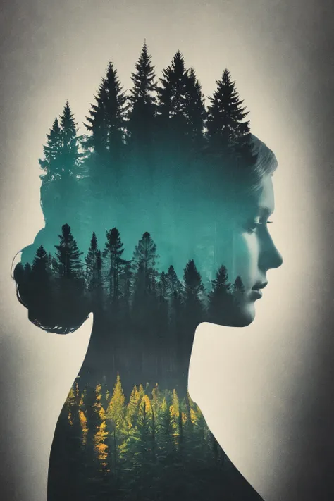 double_exposure vibrant colorful forest superimposed onto the shape of a woman with a black backdrop"canvas_in_shape_of_woman fo...