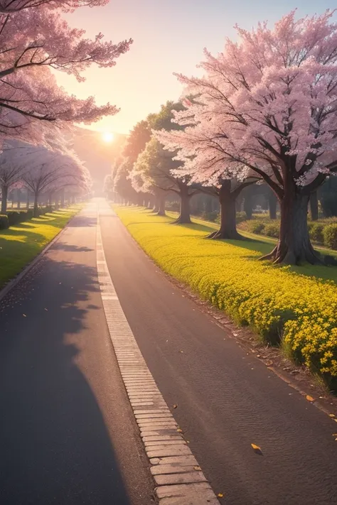 (best quality,8k,high resolution,masterpiece:1.2),ultra detailed,sunset,the avenue lined with cherry blossoms, the beautiful yel...