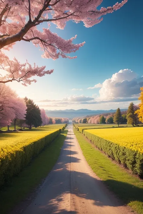 (best quality,8k,high resolution,masterpiece:1.2),ultra detailed,sunset,the avenue lined with cherry blossoms, the beautiful yel...