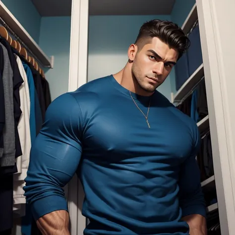 a very handsome young man, massively muscular, with massively large muscles, with massively large biceps, with massively large arms, massively tall and extremely tall, wearing a blue sweatshirt with long sleeves, in a very low closet, with his back reachin...