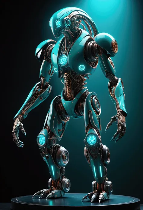 (Mechanical Creature, Mechanical body:1.2), in a futuristic setting, illuminated by (teal and fuchsla) neon lights, captivating chiaroscuro, dynamic movement, full body, award-winning, cinematic still, emotional, vignette, dynamic, vivid, (masterpiece, bes...