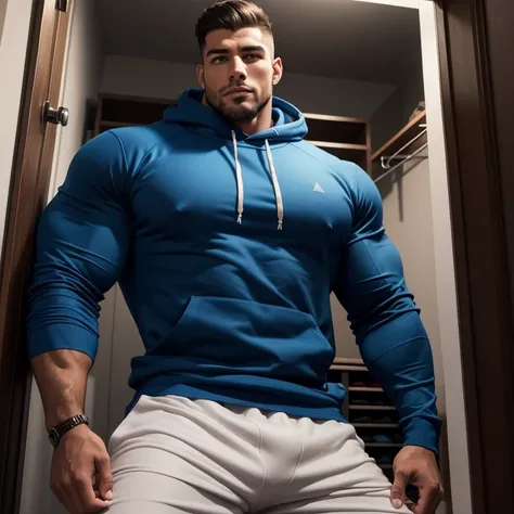 a very handsome young man, massively muscular, with massively large muscles, with massively large biceps, with massively large arms, massively tall and extremely tall, wearing a blue sweatshirt with long sleeves, in a very low closet, seen from the floor, ...