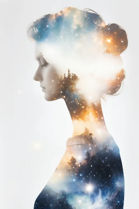 photograph using double exposure technique featuring a woman’s silhouette, fused with scenes from outer space, clean sharp focus...