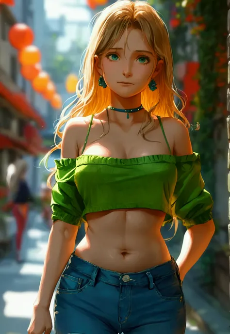 Womens in green crop top shirt, blue jean, 50 years-old, (((with her 9 years-old daughter))) ,in a street , showing navel, show belly,  expose a lot of abdomen area around belly button, realistic bellybutton shape, very low waist pants , beautiful belly, 