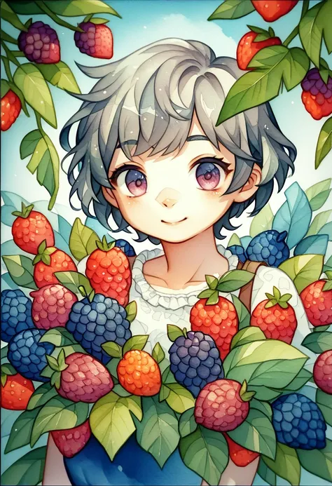 ((super detailed)beautiful flowers, berries, ferns, leaves, watercolor pattern of calming colors)(watercolor texture)(1girl, short hair, cute)