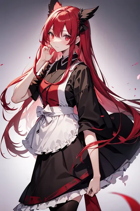 Red long hair，（Japanese anime ghost，（Red and black）），Height 160cm，Pink and black maid outfit，Heterochromia，Female high school student，Japanese anime style，Character full body vertical painting，Japanese anime school shoes，Blank Background