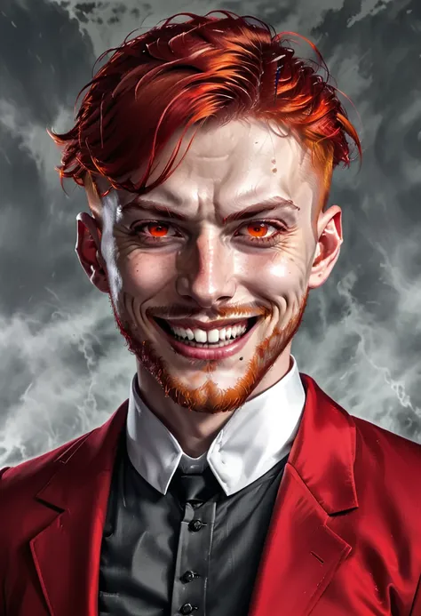 Young man of 25 years old with short and red hair, he has red eyes and wears glasses, he has extremely white skin and a light beard shaved to the chin. He wears a fancy red suit and has patent shoes. He has a scary smile. He has two unusually sharp canines...