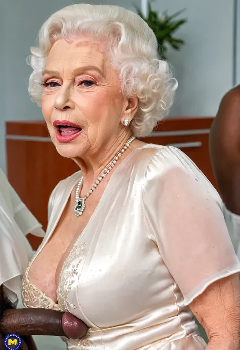 masterpiece, (busty breast:1.4), (queen elizabeth 80yo at hospital) (covered in cum:1.3), (kissing a black penis:1.6), (excessive cum on face:1.5) with (close mouth:1.4), generous cleavage, (white sheer silk dress:1.5), (looking up the man),  background ro...