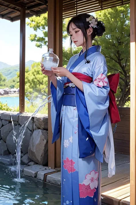 A beautiful woman in a kimono pours water over her head to hydrate in the hot sun