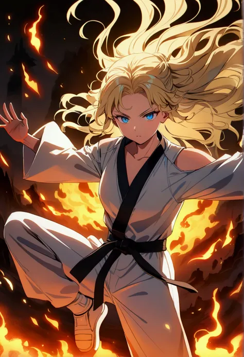 Anime  8 Jears (blond wild hair shoulder length, blue eyes) in karate suit with black cat with green yellow eys. Dynamic Karate Pose.