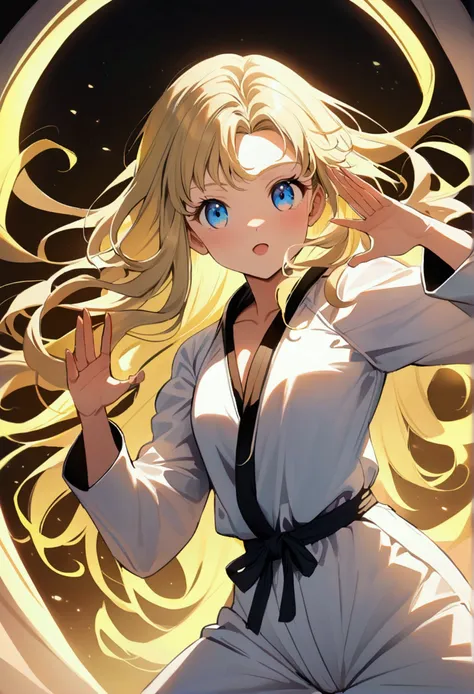 Anime  8 Jears (blond wild hair shoulder length, blue eyes) in karate suit with black cat with green yellow eys. Dynamic Karate Pose.