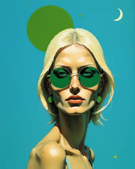 Mobis (Jean Giraud) Style - A picture by Jean Giraud Mobis,There is a triangle and a crescent moon above his head.、One blonde European woman wearing sunglasses with green circles on light blue background