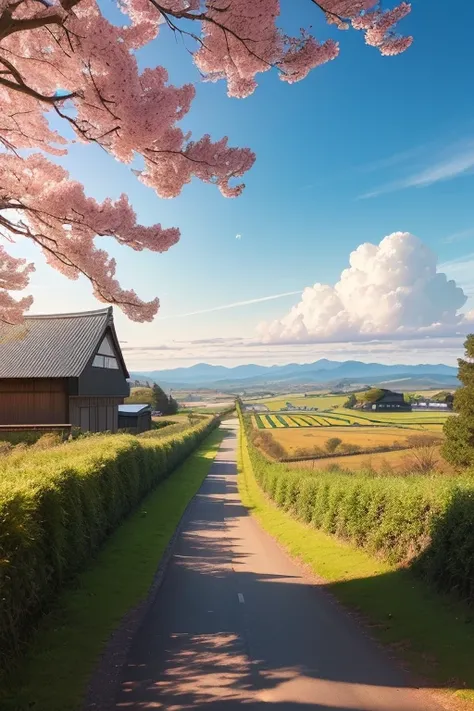 a view of a road with a tree in the middle, Blooming path to heaven, a Beautiful landscape, very beautiful landscape, countryside in japan, beautiful landscape, very very beautiful landscape, very very very beautiful landscape, the most Beautiful landscape...