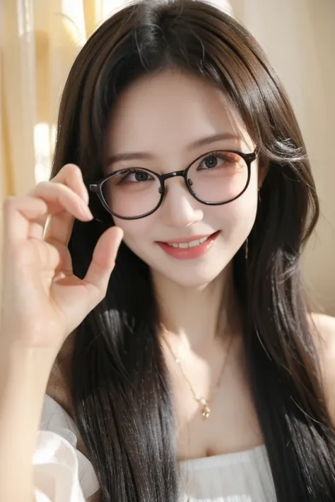 highest quality、masterpiece、high sensitivity、high resolution、detailed description、slender women、glasses、with a smile、throw kiss、