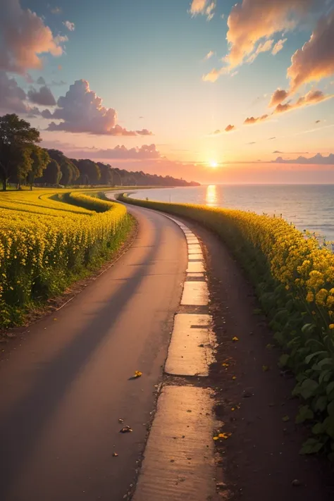 (Best Quality,8k,High resolution,masterpiece:1.2),ultra detailed,Sunset,the avenue lined with jackfruit in bloom, The beautiful yellow rapeseed flowers on the shore., The current, the breeze, The birds fly,