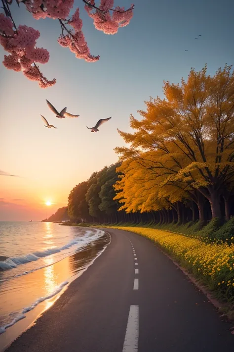 (Best Quality,8k,High resolution,masterpiece:1.2),ultra detailed,Sunset,the avenue lined with jackfruit in bloom, The beautiful yellow rapeseed flowers on the shore., The current, the breeze, The birds fly,