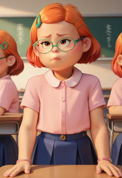 meilinlee pink shirt blue skirt green hairclips glasses orange hair, in the classroom