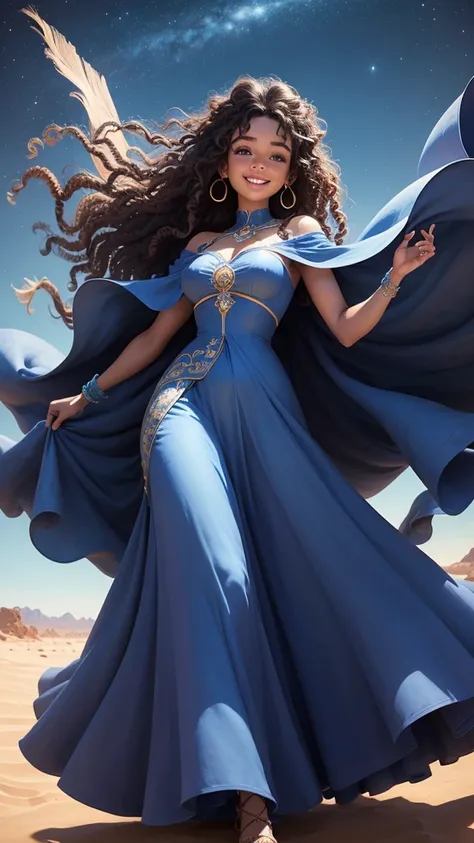 Ai human pixar style Very very Tall Beautiful young brown complexion girl with curly hair wearing a blue flowing gown spreading in the air , smiling, feeling the cool air in a beautiful desert area, lmage a little dark. Show full view of desert 