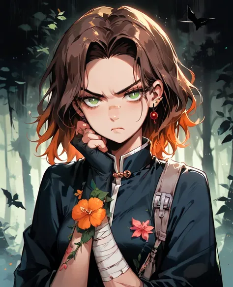 1girl, dark brown hair, 4 orange locks, medium hair, green eyes, Malé demon slayer uniform, white stockings, white haori, medium breasts, Bandage on arms, very serious expression, no shine in eyes, holds katana with two hands, fog, dark forest, tired pose