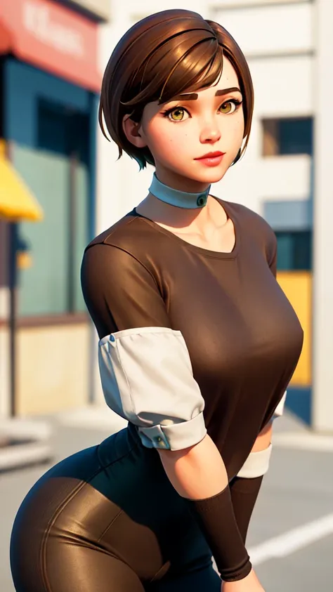 (masterpiece:1.2, Best Quality), Fortnite Style, 1 girl, ((Brown eyes, brown hair, short hair with side bangs, Brown eyes)), default suit, Green shirt, identification plates, White background, close up 