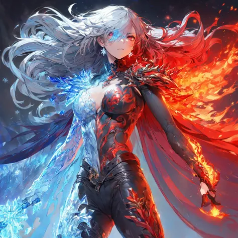 a lady with Long, flowing hair with icy blue and fiery red streaks, one ember red eye and one icy blue eye, gradient cape from icy blue to fiery red, form-fitting bodice with crystalline ice and flame motifs, asymmetrical sleeves with one frosty and one fi...