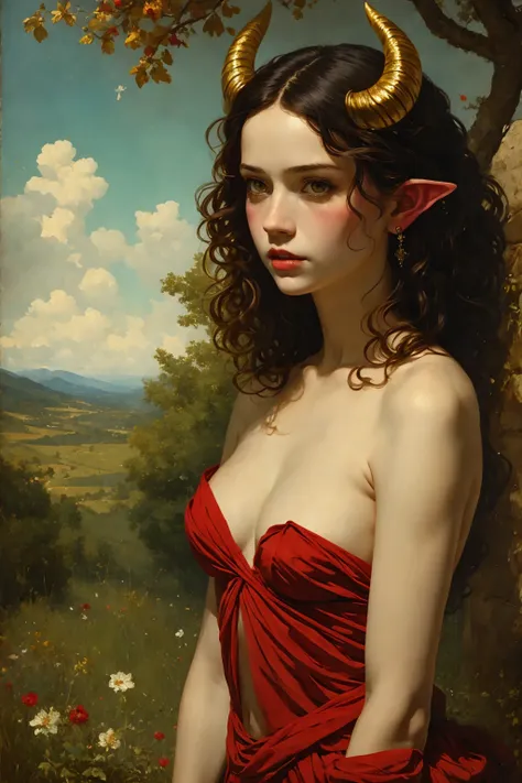 alluring girl, skimpy ornate red dress, horns, pointed ears, curly white hair, red eyes, pale skin, medium body, nature, (outsta...