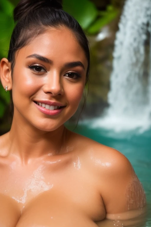 Nsfw, day scene, close up photo of sexy naked latina, huge breasts, taking bath near waterfall, body soaked in the water, big cheeks, seductive face, topless, look at camera and smile, black ponytail hair, (blue eyes:0.8), cute adult face, 35 yo, (cinemati...